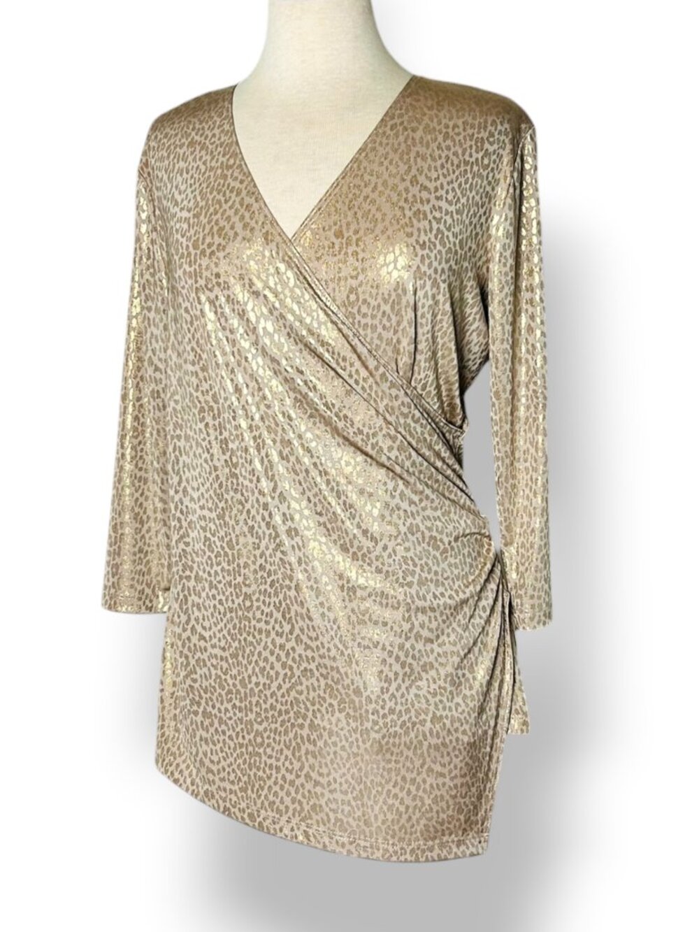 Chico's Travelers Stretch Metallic Liquid Gold Drapey Faux Wrap Top Tunic Sz 1